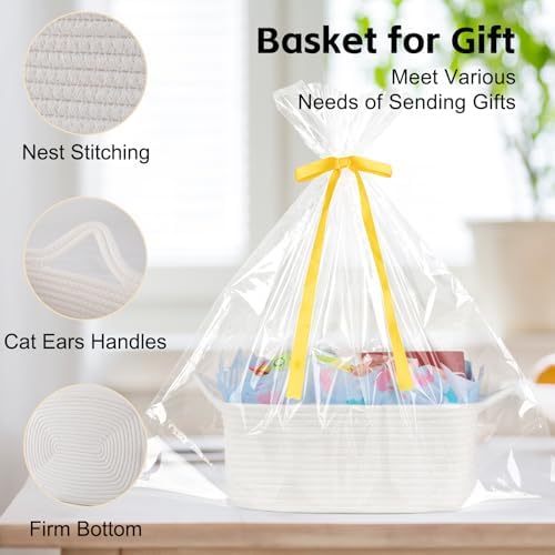 OIAHOMY Woven Basket, Gift Basket Empty with Gift Bags, Ribbons and Wrap Tissue Paper, Rope Baskets for Baby Showers, Storage Baskets with Handles for Nursery, Pet Toy Organizer - Easter White
