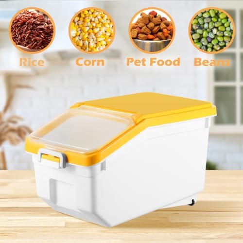 Sunnyray 4 Pcs Rice Storage Containers Bulk Flour Sugar Container Wheels Measuring Cups Set Airtight Pet Dog Cat Birds Food Bin Grain Cereal Organizer Box for Dry Baking(Yellow,22 lb)