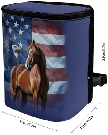 DISNIMO American Flag Eagle Horse Car Trash Can Car Accessories Organizer Garbage Bag Dustbin Container with Zipper Lid Waste Basket Storage Pockets Hanging Vehicle Trash Bin