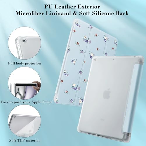 Cute Purple Floral Case for 13" iPad Pro(2024), Clear TPU Smart Stand Back Cover with Pencil Holder, Auto Wake/Sleep Foldable Shockproof Protective Case