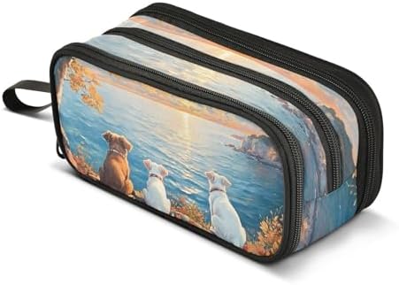 Pet Dogs Sunset Painting Pencil Case Large Capacity Pen Bag School Office Stationery Organizer Zipper Pencil Pouch for Teen Girls Boys Adult