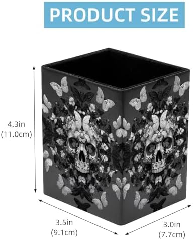 Skull and Butterfly Pen Holder for Desk Decor, Rectangular PVC Leather Pencil Cup for Desk Pen Organizer, Makeup Brush Holder for School, Home, Office