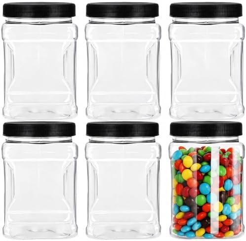 Lawei 6 Pack Clear Plastic Square Jars - 32 Oz Containers with Easy Grip Handles for Dry Goods, Cookies, Candy and More