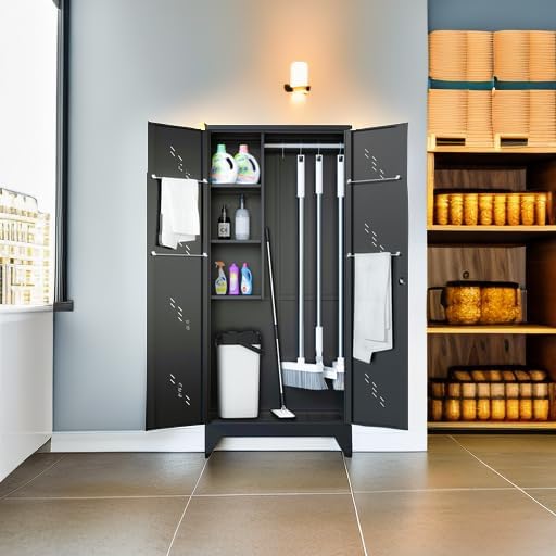 Metal Storage Cabinet, 75" Cleaning Tool Cabinet with Locking Door, Tall Storage Sheds Tool Organizer, Large Broom Cabinet for Bathroom, Laundry Room, Kitchen, Pantry, and Humid Environments