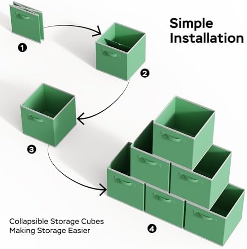 MAX Houser 6 Pack Foldable Fabric Storage Bins with Dual Handles, Green | 6 pack cloth storage bins with dual carry handles, Foldable Storage Cubes Organizer Baskets, ideal for home bedroom closet