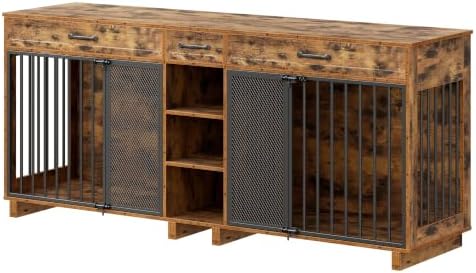 Double Dog Crate Furniture TV Stand, Wooden Dog Cage for Medium Large Dogs, Heavy Duty Single/Double Dog Crates for Small/Medium/Large Dogs,Large Size 78.74" L(35-60 Pounds), Brown