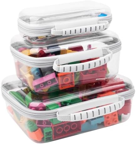 3 PCS Clear Zipper Pouches with Handle, Diaper Bag Organizer, Clear Makeup Bags Hardshell Toy Storage Bins with Zipper Toiletry Pouch Bag for Cosmetics Pencils Puzzles, Building Blocks(White)