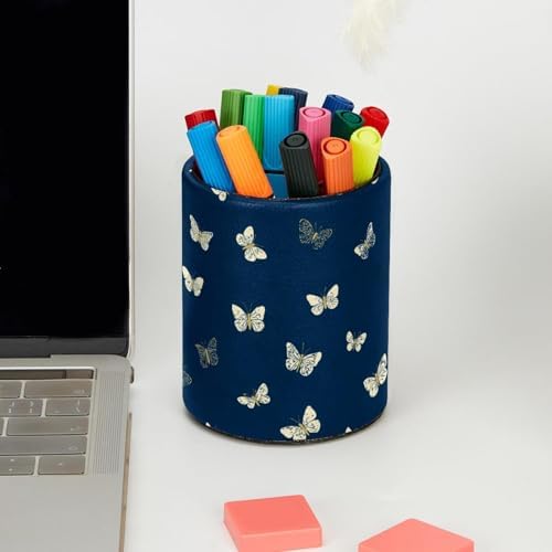Faux Leather Pen Holder for Desk, Pencil Organizer Butterfly Pen Cup Desk Decor Makeup Brush Holder Storage for Office Home
