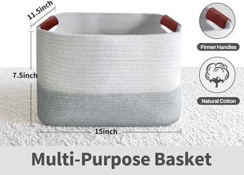 Small Cotton Rope Storage Basket with Leather Handles, 15 "L x 11.5" W x 7.5 "H, Home Decor Basket, Durable & Stylish Organizer for Home.(Small Light Gray)