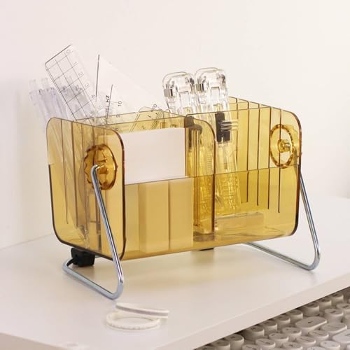 Desk Pen Holder Rotating Organizer Stationery Organizer Desktop Office Storage with Customizable Compartments and 360 Degree Rotation Transparent PET for dorm rooms office study, Brown