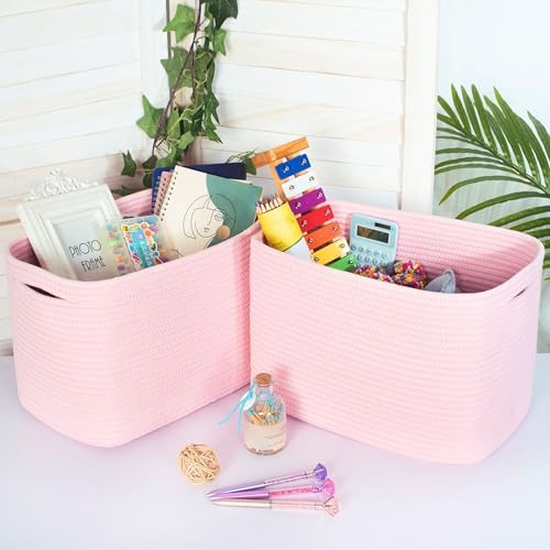 MINTWOOD Design 3-Pack Decorative Woven Storage Baskets for Shelves, Cube Bin Box for Organizing Books, Shoes, Dog Toys, Pantry Closet and Living Room Organizer, Soft Pink