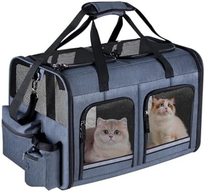 Cat Carrier for 2 Cats,Double Cat and Dual Dog Carrier Cabin for Two Pets | Small to Medium Size, Foldable,2 Front Zippered Compartments, for Outdoor Travel,Mulitple Cat Carrier, Grey