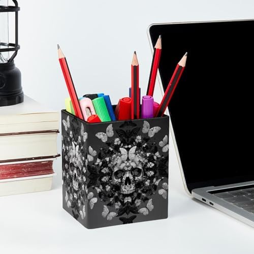 Skull and Butterfly Pen Holder for Desk Decor, Rectangular PVC Leather Pencil Cup for Desk Pen Organizer, Makeup Brush Holder for School, Home, Office
