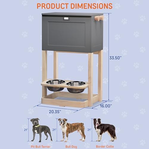 Zoovilla Raised Pet Feeder Station with Soft-Close Lid, 7" Angled Bowls – Waterproof Wooden Dog Storage Organizer for Large & Small Dogs – Modern Design (Gray)