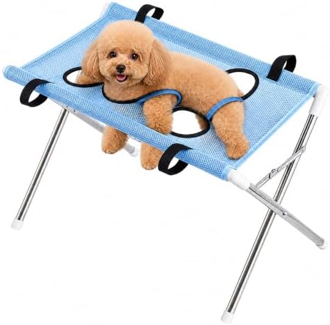 Foldable Pet Bathing Stand, Pet Grooming Hammock with Quick-Dry Mesh, 8-Hole Design, Metal Frame & Securing Strap for Small Dogs Cats Washing, Nail Trimming, Brushing (Blue)