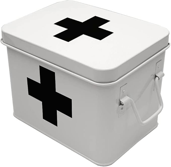 Lassos Boutique Retro Enameled First Aid Box for Medicine Storage and Home Decor with Lid and Removable Tray (White/Black)
