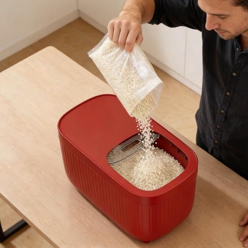 Airtight Rice Storage Container, Dry Food Dispenser with Transparent Sealed Lid for Kitchen Pantry Organization for Storing Rice, Cereal, Flour, Pet Food and Other Dry Ingredients (Red, M)