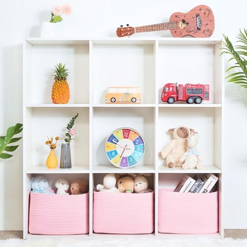 MINTWOOD Design 3-Pack Decorative Woven Storage Baskets for Shelves, Cube Bin Box for Organizing Books, Shoes, Dog Toys, Pantry Closet and Living Room Organizer, Soft Pink
