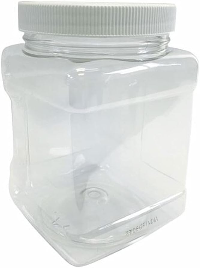 Pride Of India Clear Food Grade PET Plastic Jars – 48 Fluid Ounce, 6-Jar Pack | Square-Grip Plastic Containers for Snacks, Pet Food, Kitchen, Pantry & Household Storage (4-5 Cup Storage Capacity)