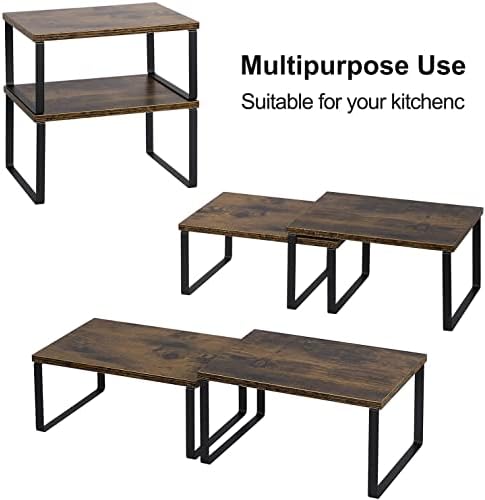 MOOACE Kitchen Counter Shelf, Stackable Cabinet Shelf Organizers Expandable Countertop Shelf for Pantry - Set of 4 - Brown | Stackable & Expandable Spice Rack, Space-Saving Pantry Organizers Bathroom Countertop Storage, Rustic Brown