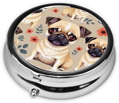 Cute Chihuahua Pug Pattern Printed Pill Organizer,Round Travel Pill Organizer Mini Medicine Pill Box for Purse Iron Plating