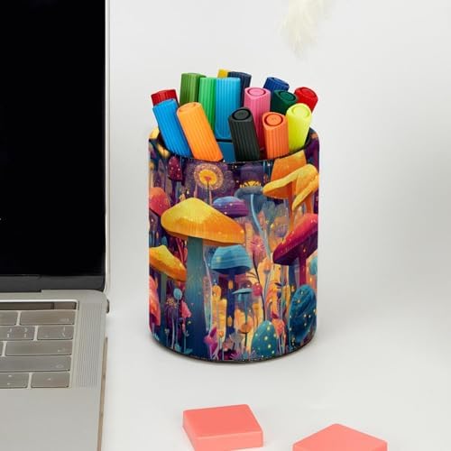 Faux Leather Pen Holder for Desk, Pencil Organizer Mushroom Pen Cup Desk Decor Makeup Brush Holder Storage for Office Home