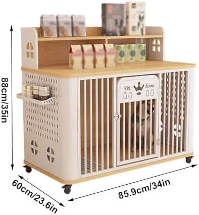 Portable Dog Crate with Side Storage for Cans, Bottom Dog Toilet, Universal Wheels, Ideal for Small & Medium Dogs, Grey & White, Pet Travel Carrier