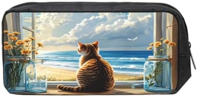 Cat on Windowsill Large Pencil Case, Durable Pen Bag Zipper Organizer Pouch for Office Travel for Women Men