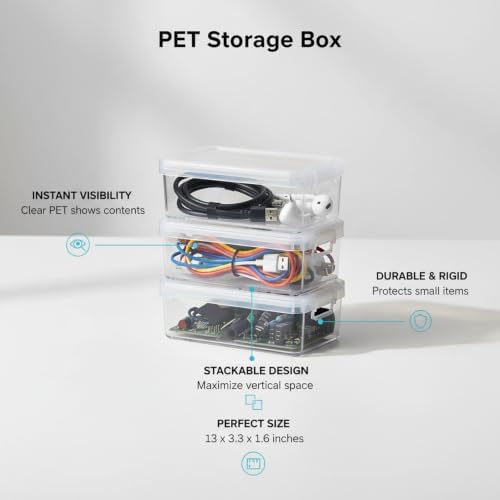 Stackable PET Storage Box, Rigid Clear Organizer for Cables & Small Items, Durable Transparent Container, 13 x 3.3 x 1.6 Inches