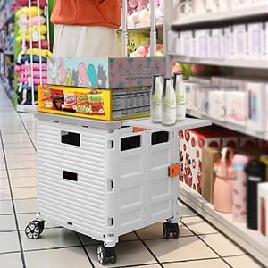 Foldable Utility Cart Folding Portable Rolling Crate with Magnetic Extended Lid,360°Rotate Wheels,176LBS Load Capacity,Heavy Duty Durable Dolly Cart for Teacher Tourist Shopping Office Outdoor(White)