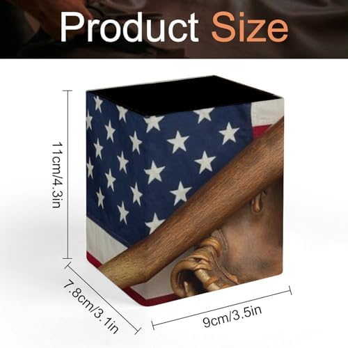 Square Pen Holder Waterproof Multifunctional Desk Organizer For Office Home Vintage Ball Baseball American Flag