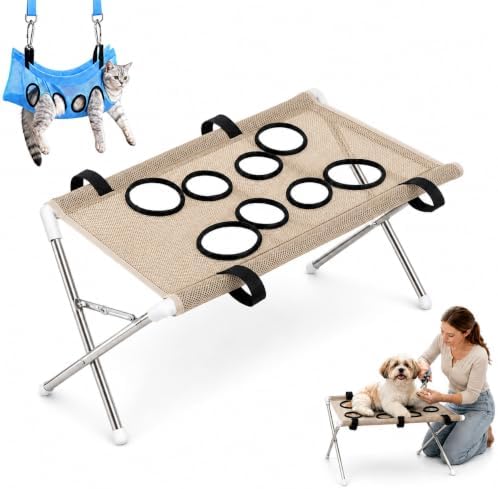 2-in-1 Foldable Pet Grooming Bed, Pet Shower Hammock with Stand (Khaki) | Dog Washing Hammock, Dog Bath Chair, Quick Dry Mesh Table, Secure Support Strap, Multifunctional Holder for Bathing, Haircuts