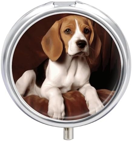 Portable Pill Box 3 Compartments, Small Round Metal Medicine Organizer for Pocket, Ovely Pet Dog Beagle Pill Case for Vitamins, Fish Oil, Supplement & Travel