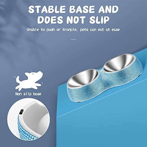 Dog Bowls Water and Food Bowls Stainless Steel with Non-Slip Resin Station and Bling Rhinestones, Pet Feeder Bowls for Puppy Medium Dogs Cats Puppy Pets (Blue, Double)