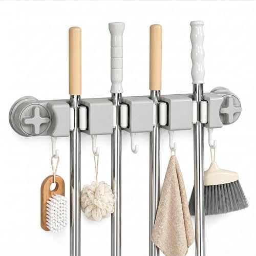 Mop and Broom Holder Wall Mount | No Drill Suction Cup, 4 Slots & 5 Hooks, Removable, For Bathroom, Laundry Room, RV Camper