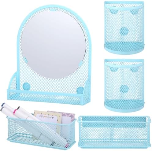 Weysat Set of 5 Magnetic Locker Accessories Mirror with 2 Magnetic Pen Holder and 2 Wire Mesh Storage Basket for Students Back to School Locker Organizer for Office End of School Years Gifts(Blue)