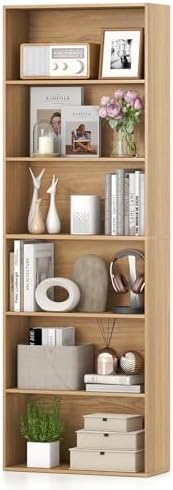 GIANTEX 6-Tier Bookcase, 70" Tall Wooden Bookshelf, Freestanding Storage Organizer w/Open Shelves, Anti-Tipping Kits, Modern Floor Standing Display Shelves for Living Room, Bedroom,Natural