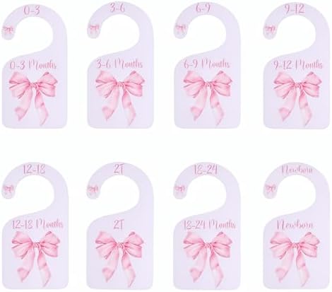 8pcs Baby Closet Dividers Nursery Closet Organizer Baby Wardrobe Organizer Nursery Decor Pink Bows Hanger for Newborn to 24+ Months Size Clothes Hanger Dividers