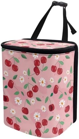 Car Trash Can with Lid - Leak-Proof Garbage Bin, Hanging Waste Basket, Interior Organizer Bag, Cherry Daisy