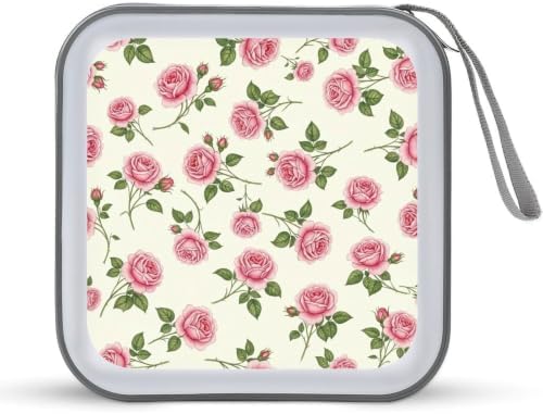 CD Protective Case Floral Pink Rose 40 Capacity DVD Holder Wallet | Hard Plastic Disc Storage Binder Floral Retro Romantic Peony Chic Flower Pink Rose, Sturdy Zipper, Portable Carry Handle