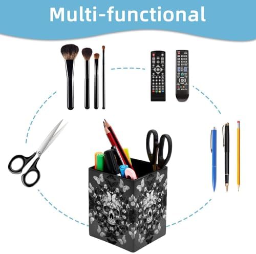 Skull and Butterfly Pen Holder for Desk Decor, Rectangular PVC Leather Pencil Cup for Desk Pen Organizer, Makeup Brush Holder for School, Home, Office