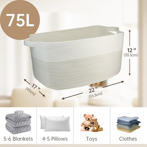 75L Large Basket 22" x 17" x 12",Large Blanket Basket with Handle,woven Cotton Rope baskets for storage,Storage Basket for Organizing,Blanket Basket living Room