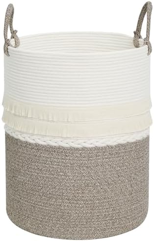 danpinera 79 L Large Laundry Basket, Tall Woven Cotton Storage Hamper with Handles, Dirty Clothes Hamper in Bathroom, Decorative Storage Basket for Living Room White & Brown