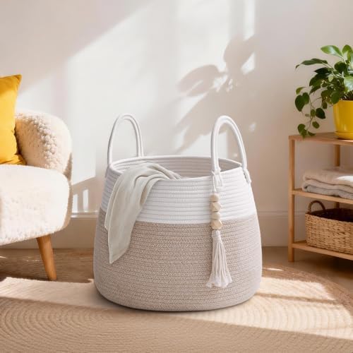 Large Nursery Hamper, 30L Blanket Basket with Handle, Baby Laundry Basket for Gift, Toy, Clothes, Woven Storage Basket with Wooden Bead Decor, Baby Hamper for Nursery (Black&Brown)