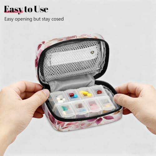 Travel Pill Organizer Watercolor Pink Red Leaf Flower Pill Case