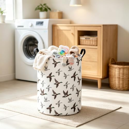 Round Laundry Basket Collapsible Storage Hamper Organizer Mallard Duck | Waterproof Canvas Foldable Baskets with sturdy Handles Multi-scene Organizer for Home Play Bedroom Gift Bin