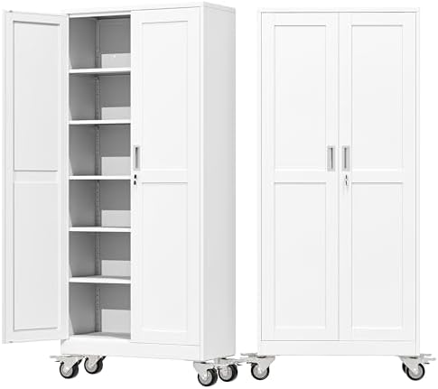 75" Metal Garage Storage Cabinet with Wheels and Locking Doors and Tall Rolling Steel Tool Cabinet with 5 Adjustable Shelves for Garage,Home,Office,Shop (White, 75''H x 32''W x16''D)