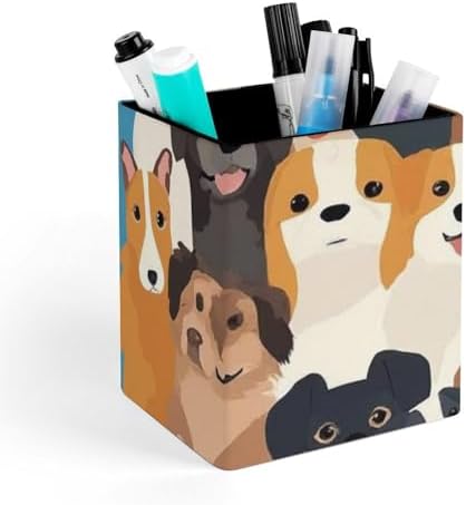 Modern Leather Desk Organizer Pen Cup Pencil Holder Cute Puppy Dog Makeup Brush Storage