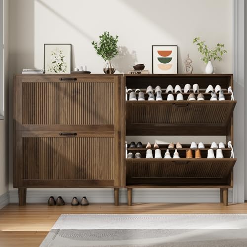 Kiasthome 2 Tier Entryway Shoe Storage Cabinet Closed Space Saving Hidden Shoe Organizer with Ribbed Doors Freestanding for Hallway Bedroom Walnut Finish (Walnut, 31.5")