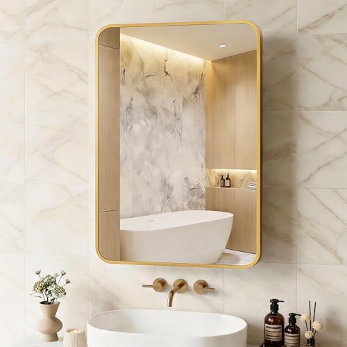ACEMIRO 20x28 Inch Gold Recessed Medicine Cabinet with Mirror Metal Framed Surface Wall Mounted Bathroom Medicine Cabinet Mirror with Storage